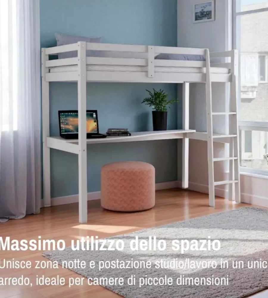 Letto a soppalco con scrivania "nizza" in pino massello bianco laccato 202x98x176 cm Letti E Comodini