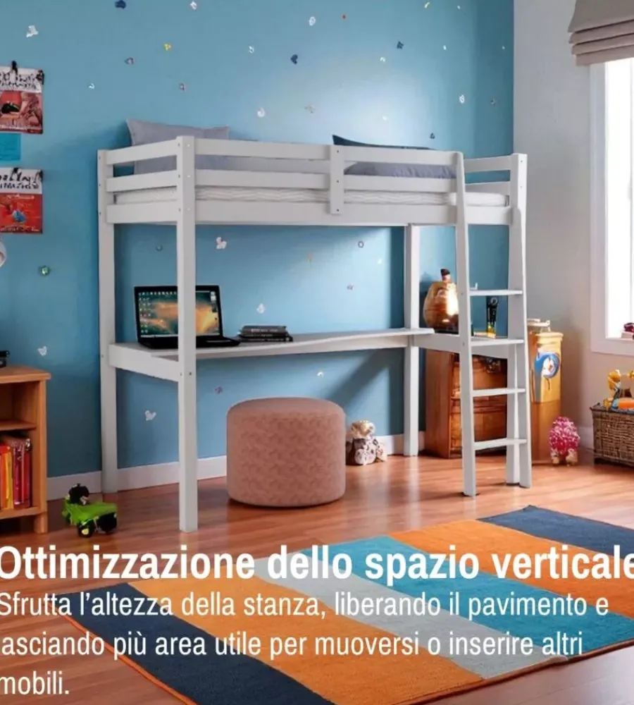 Letto a soppalco con scrivania "nizza" in pino massello bianco laccato 202x98x176 cm Letti E Comodini