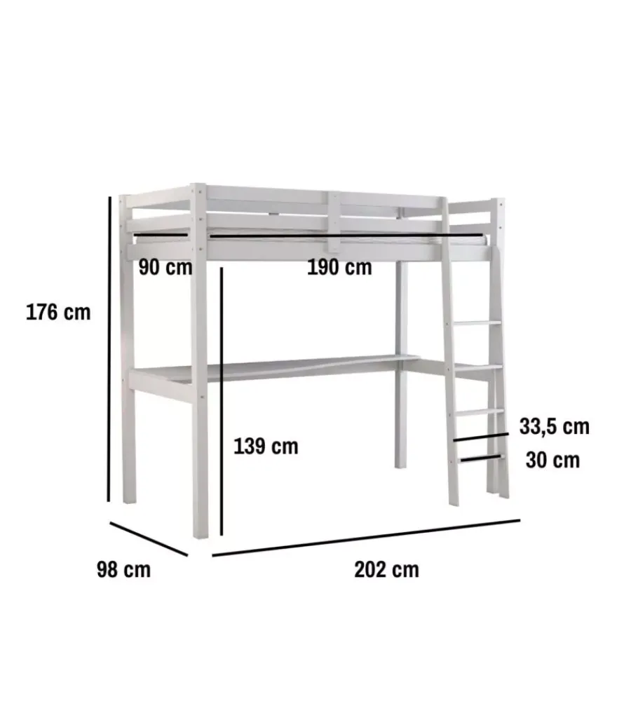 Letto a soppalco con scrivania "nizza" in pino massello bianco laccato 202x98x176 cm Letti E Comodini