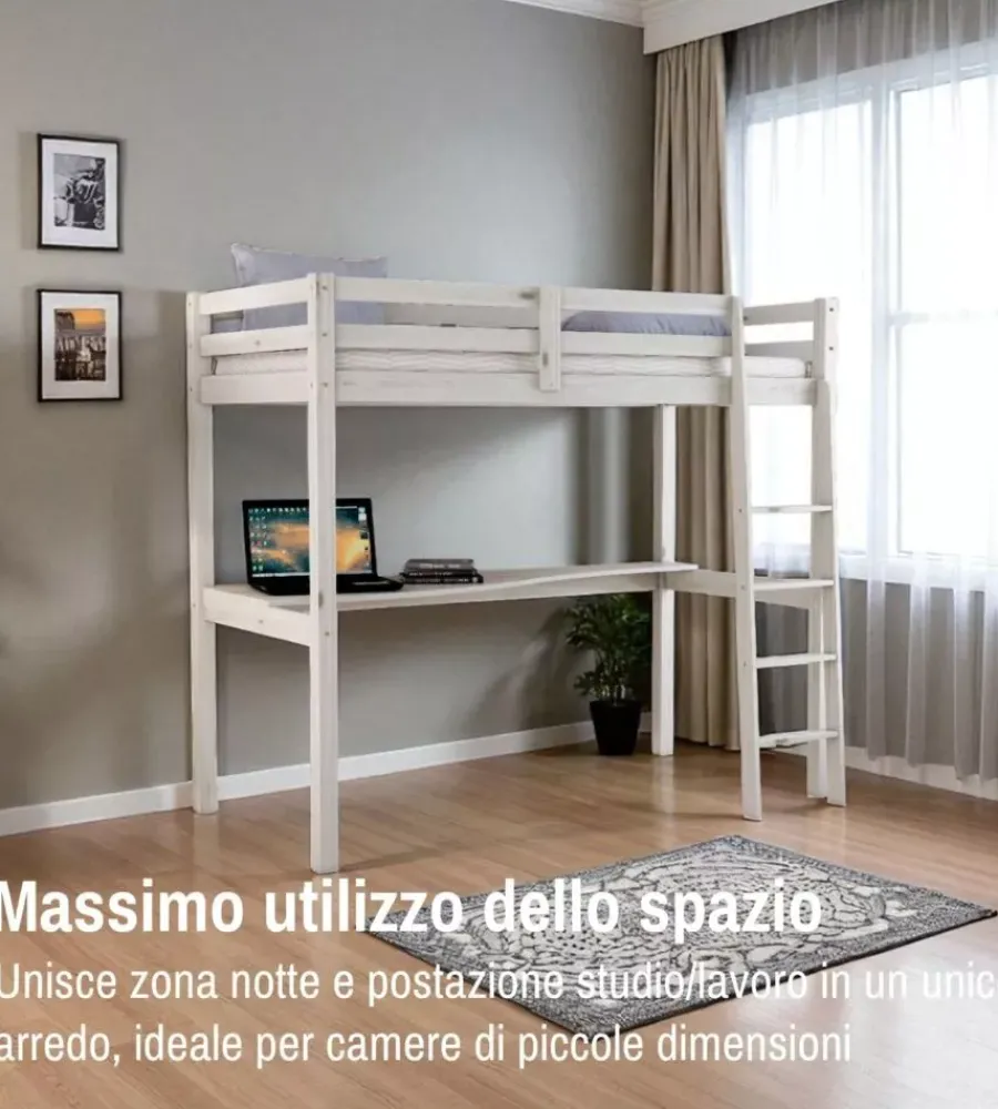 Sale Letto a soppalco con scrivania "nizza" in pino massello bianco 202x98x176 cm Letti E Comodini