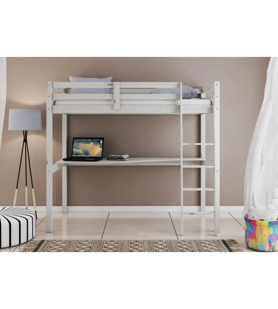 Sale Letto a soppalco con scrivania "nizza" in pino massello bianco 202x98x176 cm Letti E Comodini