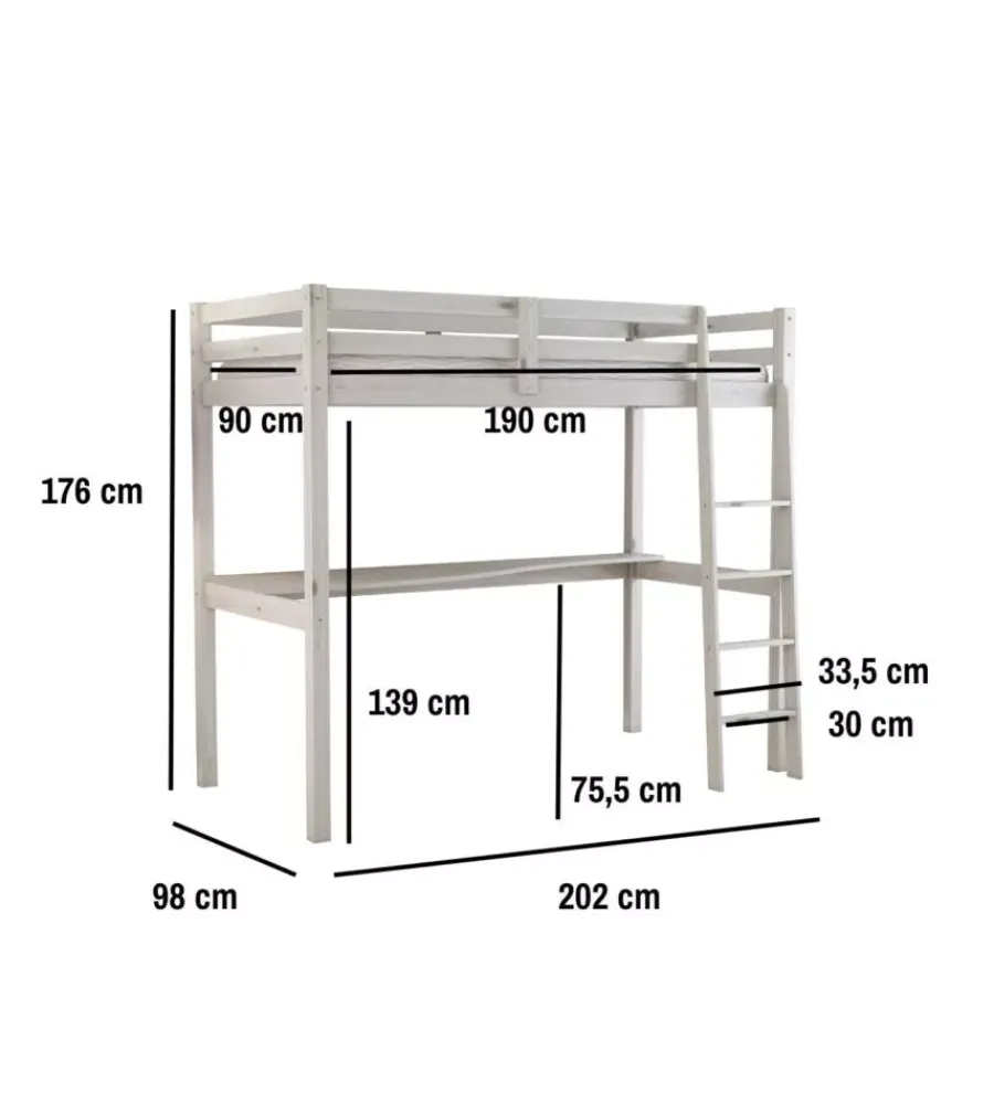 Sale Letto a soppalco con scrivania "nizza" in pino massello bianco 202x98x176 cm Letti E Comodini