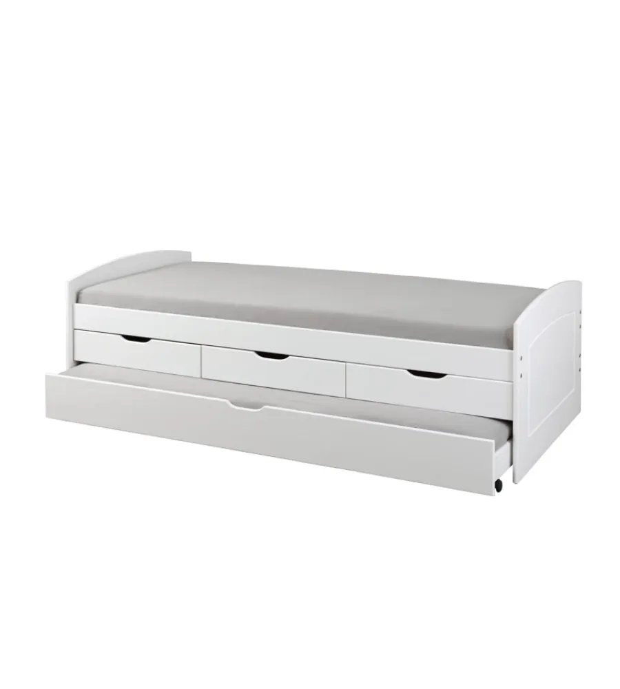 Letti E Comodini|Letto singolo con 3 cassetti e letto estraibile in pino bianco 90x200 cm