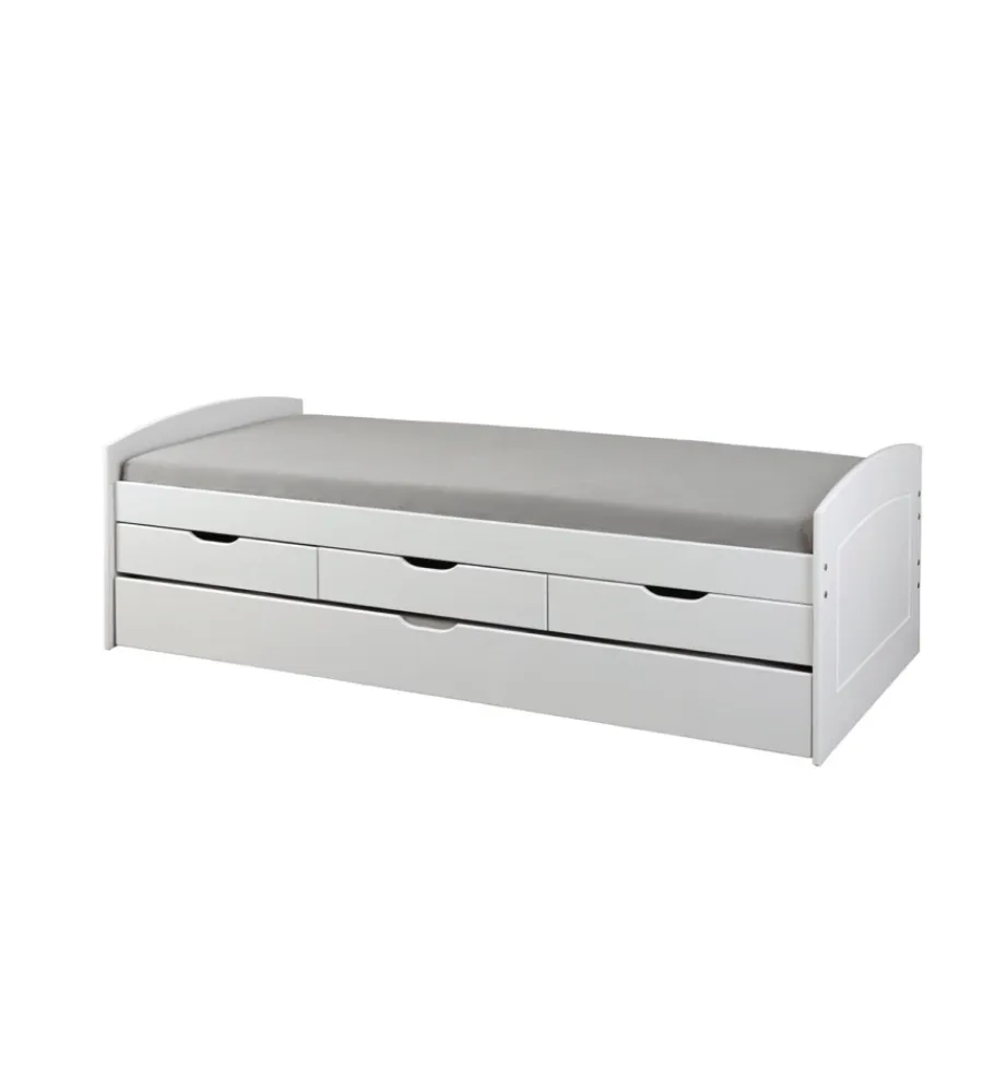 Letti E Comodini|Letto singolo con 3 cassetti e letto estraibile in pino bianco 90x200 cm