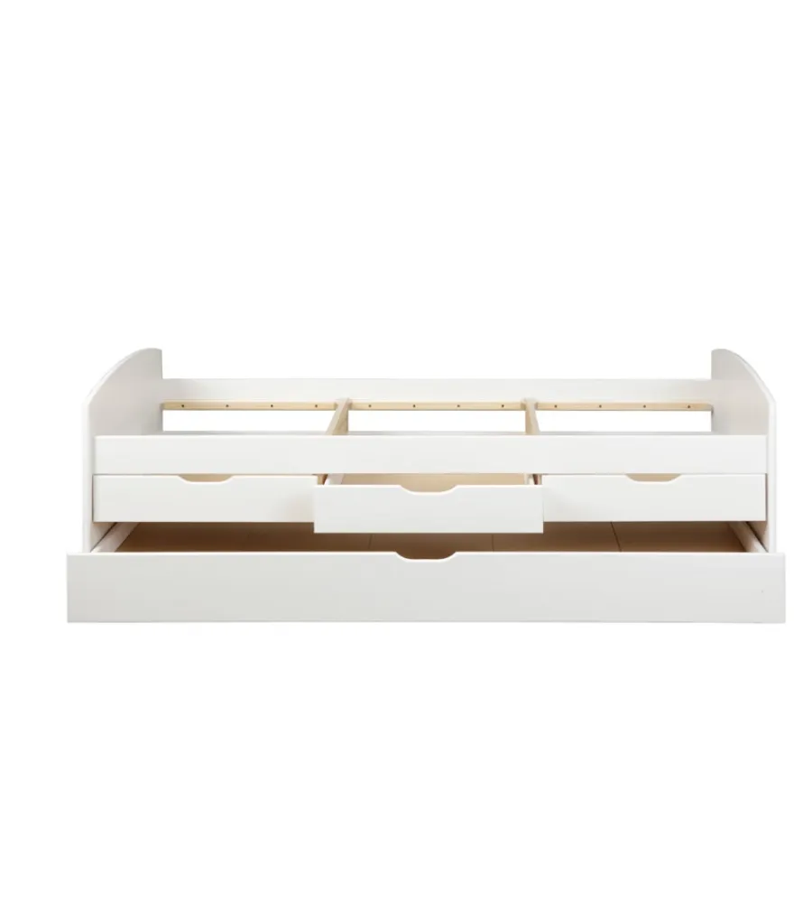 Letti E Comodini|Letto singolo con 3 cassetti e letto estraibile in pino bianco 90x200 cm