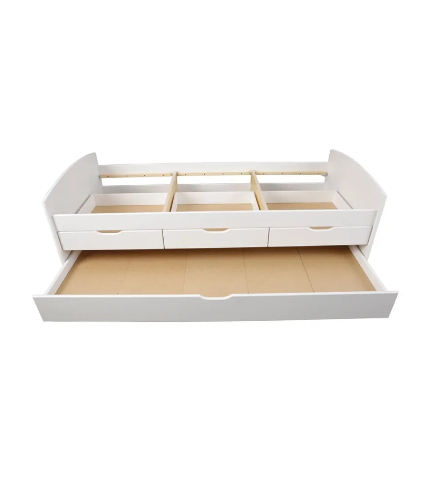 Letti E Comodini|Letto singolo con 3 cassetti e letto estraibile in pino bianco 90x200 cm