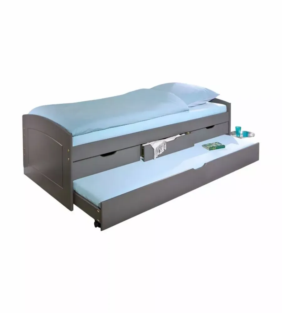 Letti E Comodini|Letto singolo con 3 cassetti e letto estraibile in pino grigio 90x200 cm