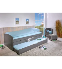Letti E Comodini|Letto singolo con 3 cassetti e letto estraibile in pino grigio 90x200 cm