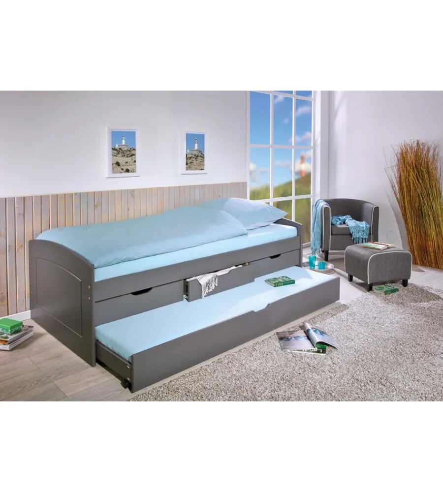 Letti E Comodini|Letto singolo con 3 cassetti e letto estraibile in pino grigio 90x200 cm