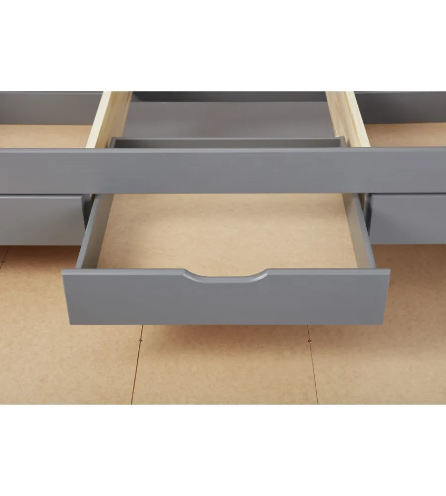 Letti E Comodini|Letto singolo con 3 cassetti e letto estraibile in pino grigio 90x200 cm