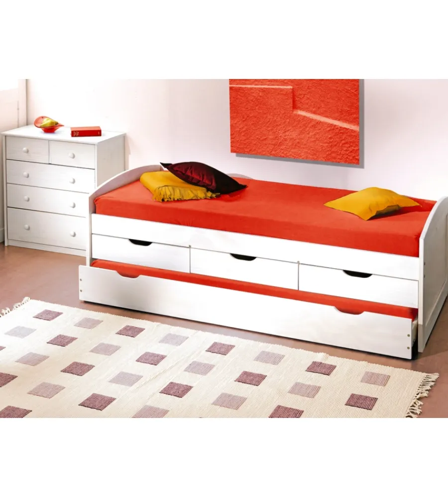 Letti E Comodini- Letto singolo con cassetti e contenitore in pino massello 98x195x63 cm