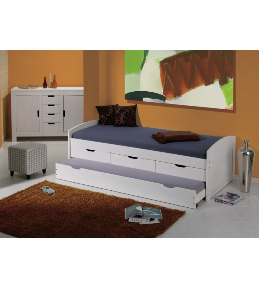 Letti E Comodini- Letto singolo con cassetti e contenitore in pino massello 98x195x63 cm