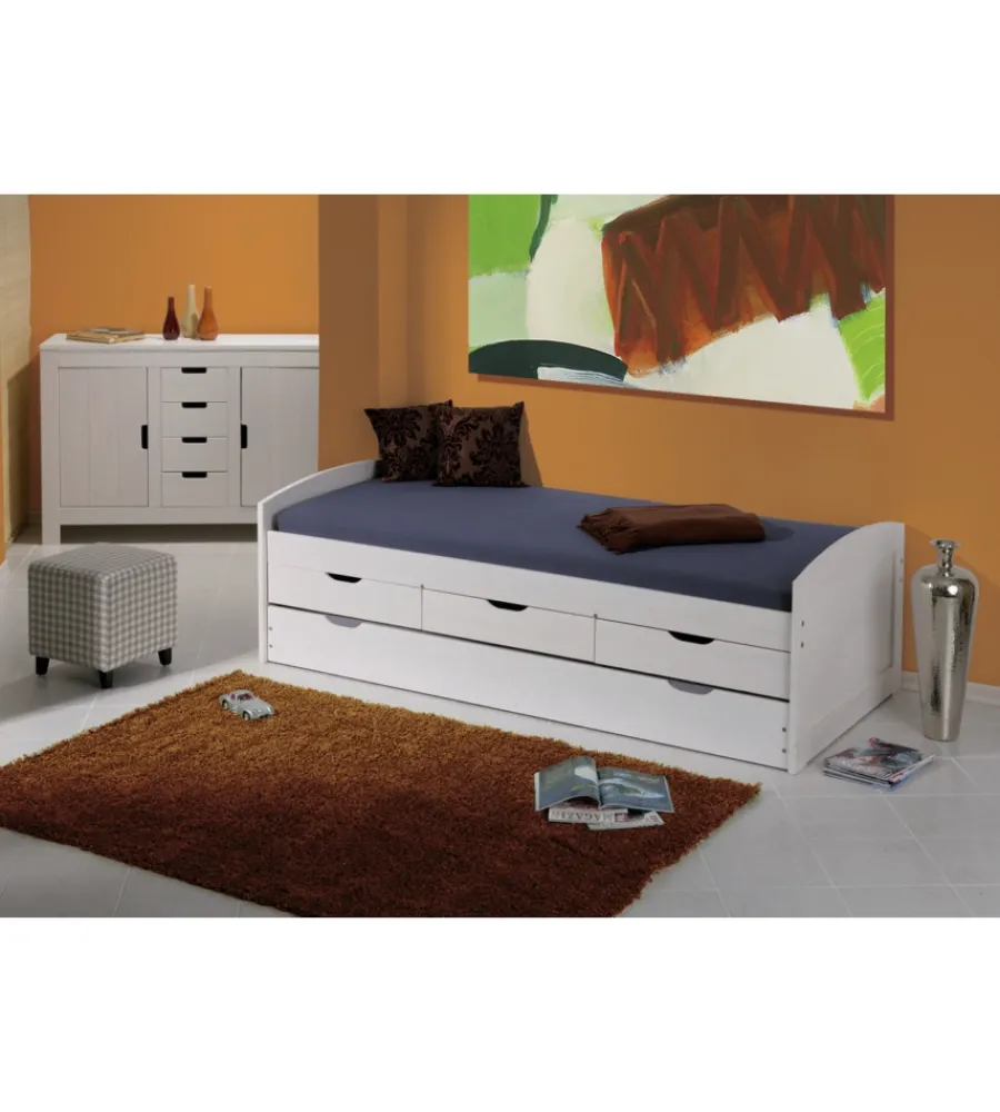 Letti E Comodini- Letto singolo con cassetti e contenitore in pino massello 98x195x63 cm