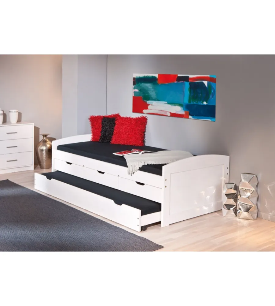Letti E Comodini- Letto singolo con cassetti e contenitore in pino massello 98x195x63 cm