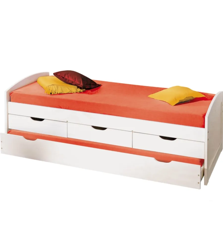 Letti E Comodini- Letto singolo con cassetti e contenitore in pino massello 98x195x63 cm