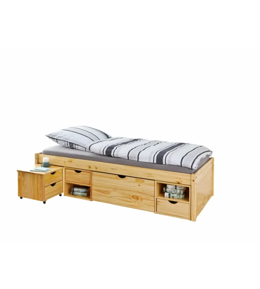 Discount Letto singolo con contenitori e comodino estraibile in pino massello 96x47.5x2.09 cm Letti E Comodini