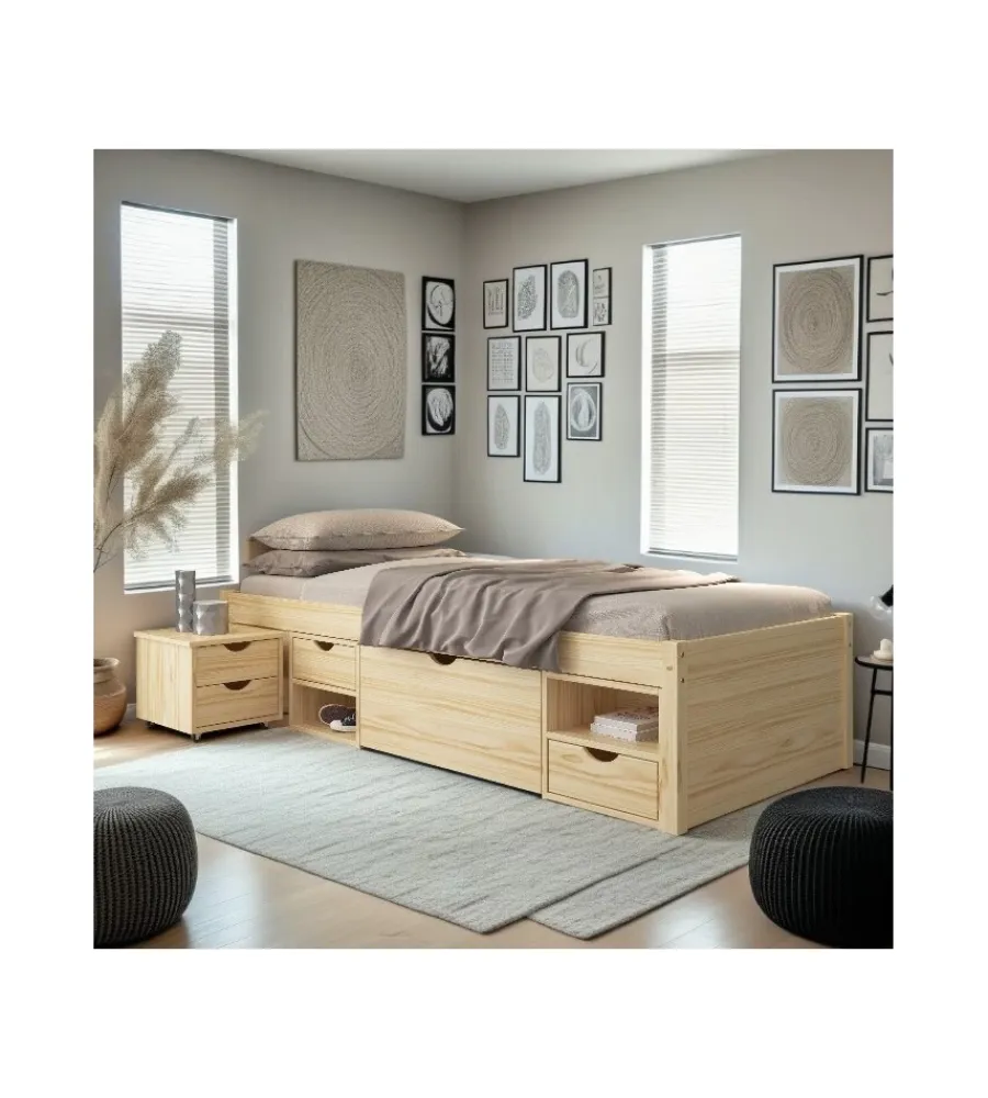 Discount Letto singolo con contenitori e comodino estraibile in pino massello 96x47.5x2.09 cm Letti E Comodini