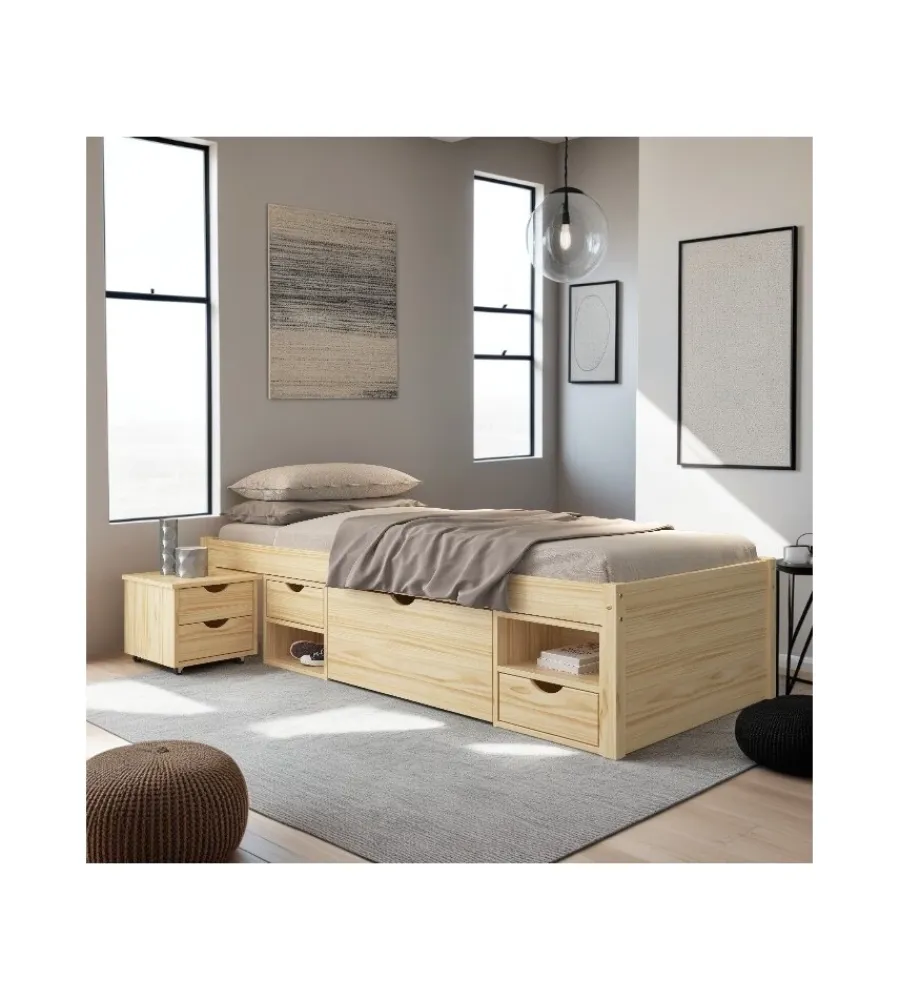 Discount Letto singolo con contenitori e comodino estraibile in pino massello 96x47.5x2.09 cm Letti E Comodini