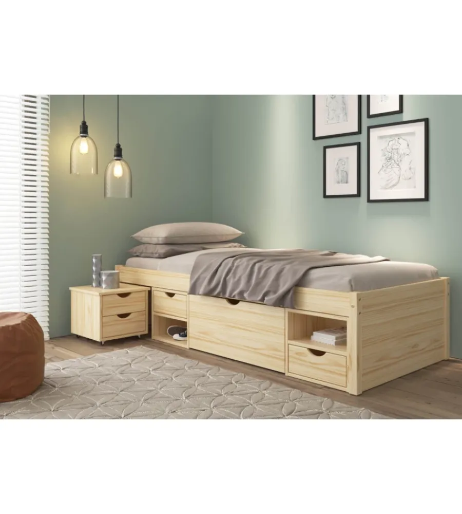 Discount Letto singolo con contenitori e comodino estraibile in pino massello 96x47.5x2.09 cm Letti E Comodini