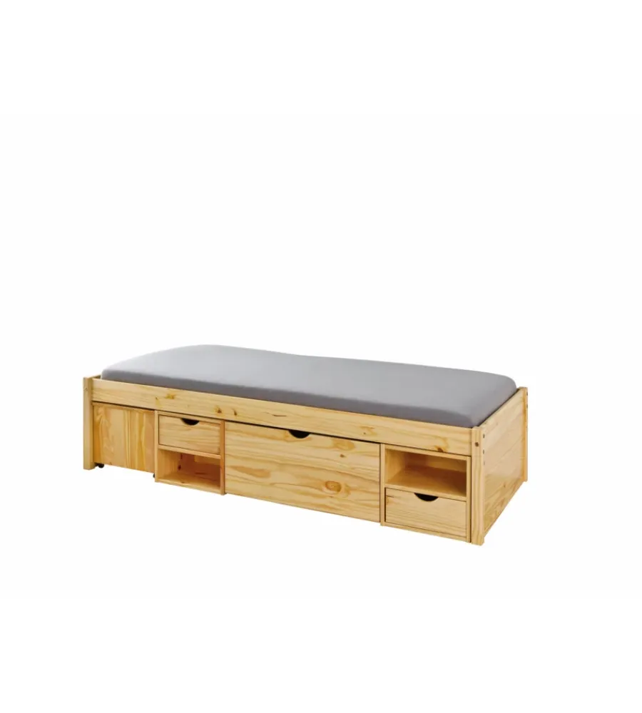 Discount Letto singolo con contenitori e comodino estraibile in pino massello 96x47.5x2.09 cm Letti E Comodini