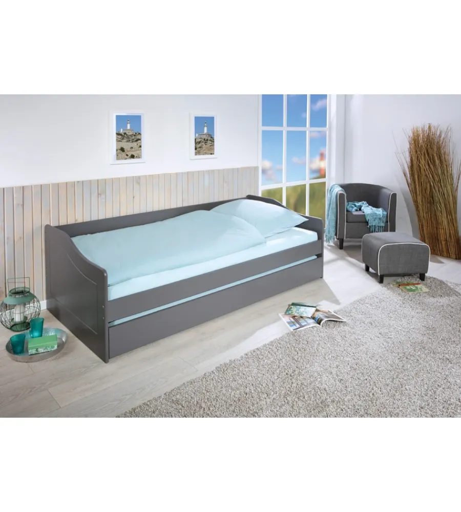 New Letto singolo grigio e letto estraibile con funzione divano 97x208x62 cm Letti E Comodini