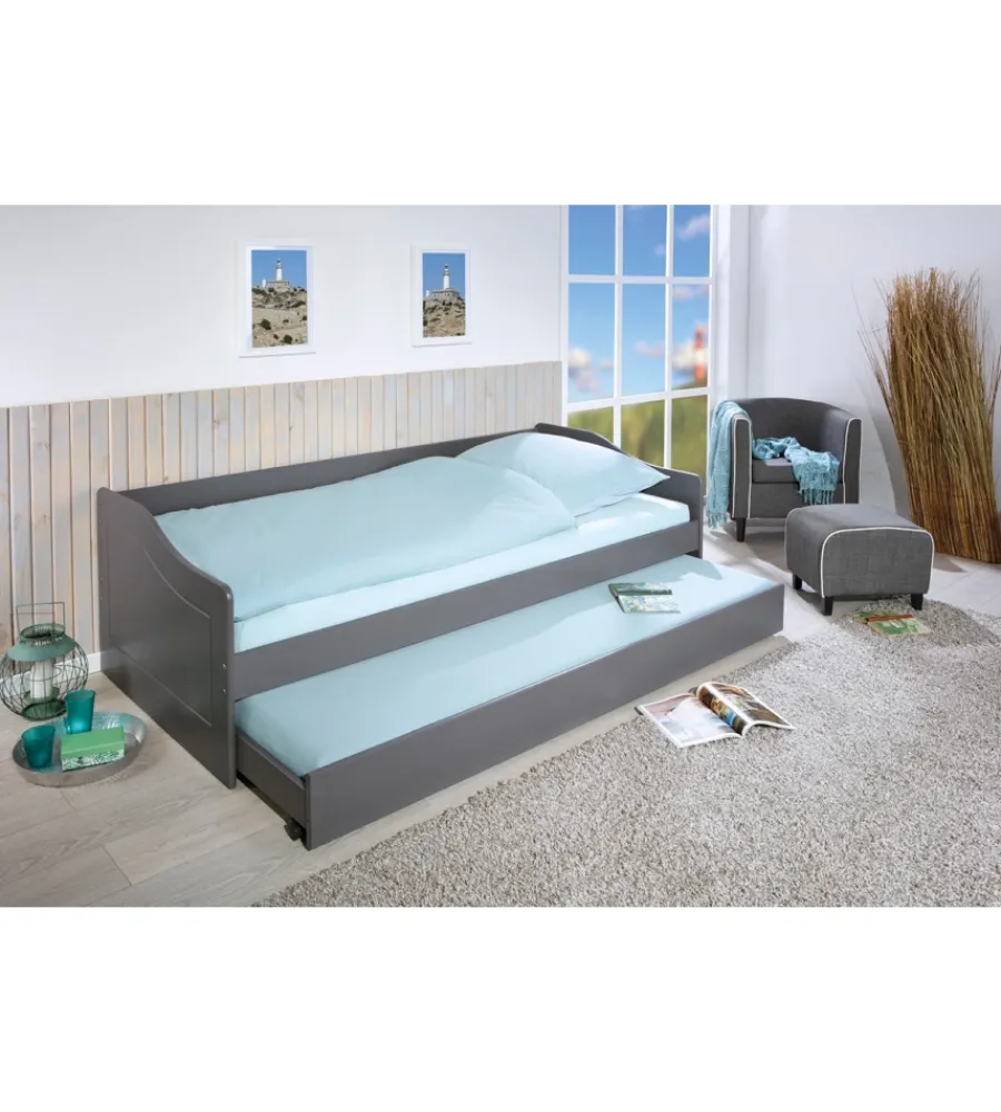 New Letto singolo grigio e letto estraibile con funzione divano 97x208x62 cm Letti E Comodini