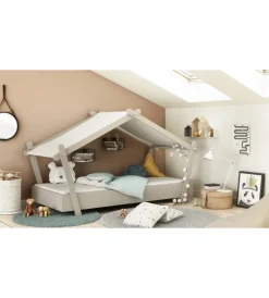 Letti E Comodini- Letto singolo per bambini "casetta" in legno grigio 102x223x129 cm