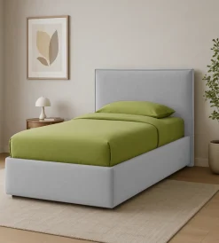 Letti E Comodini|Letto singolo "zoom" in tessuto colore perla con rete e contenitore, 90x190 cm