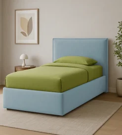 Letti E Comodini- Letto singolo "zoom" in tessuto colore celeste con rete e contenitore, 90x190 cm