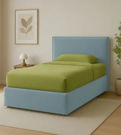 Letti E Comodini- Letto una piazza e mezza "zoom" in tessuto colore celeste con rete e contenitore, 120x190