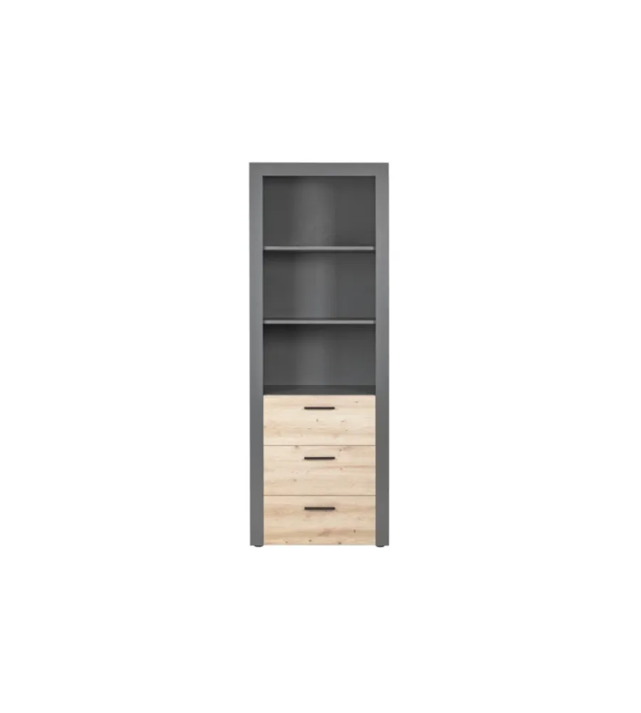Librerie|Libreria 3 ripiani e 3 cassetti grigio e quercia, 68,6x41,6x190 cm