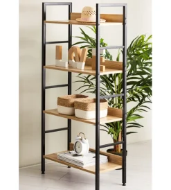 Librerie|Libreria in metallo nero e legno con 4 ripiani, 60x27,6x126 cm