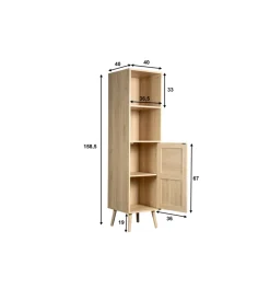 BellaHome Credenze E Buffet|Libreria multifunzione bella home con porta battente in rattan e 4 ripiani 40x40x158,5 cm