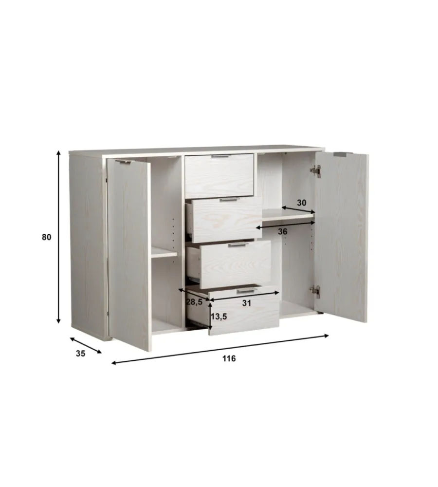 Online Madia 2 ante e 4 cassetti "kristy" bianco venato 116x35x80 cm Credenze E Buffet