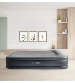 Campeggio-Intex Materasso matrimoniale autogonfiante "airbed dura-beam deluxe pillow rest raised" colore grigio chiaro e pompa integrata, 152x203x42 cm - cod. 64136nd