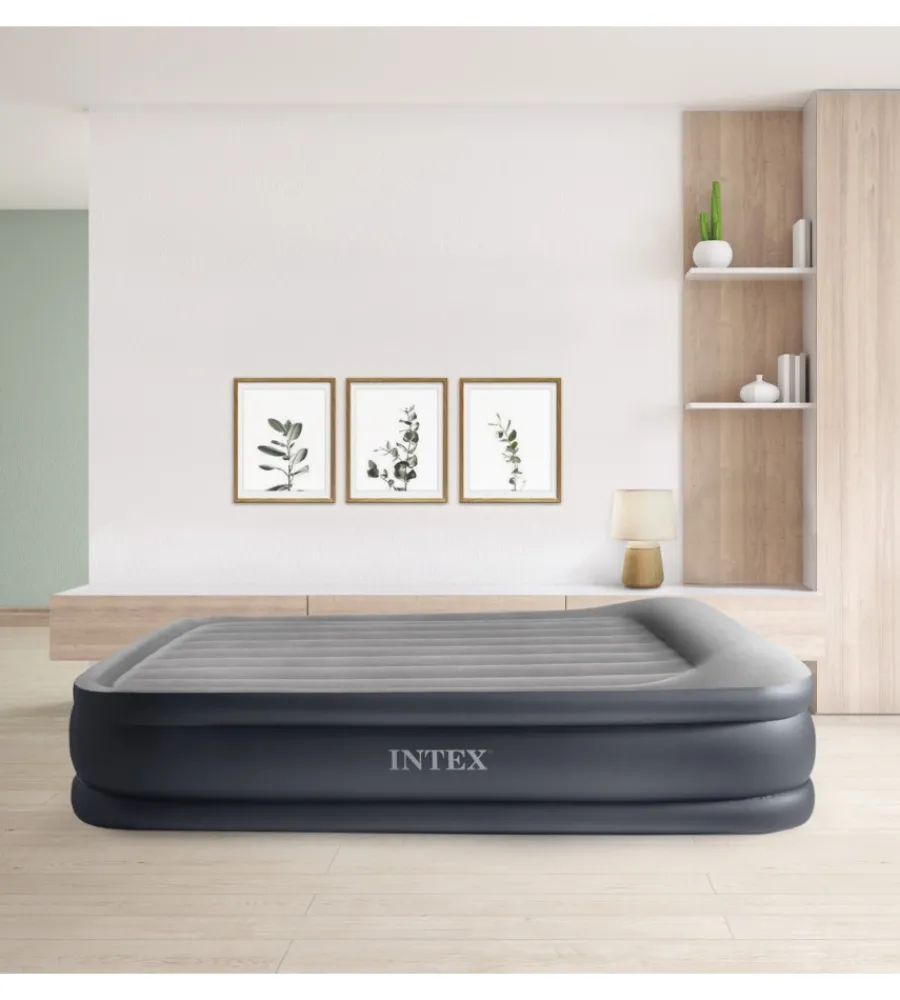 Campeggio-Intex Materasso matrimoniale autogonfiante "airbed dura-beam deluxe pillow rest raised" colore grigio chiaro e pompa integrata, 152x203x42 cm - cod. 64136nd