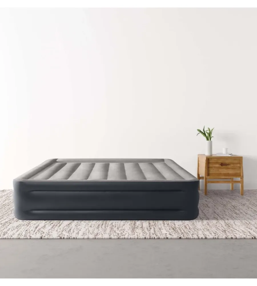 Campeggio-Intex Materasso matrimoniale autogonfiante "airbed dura-beam deluxe pillow rest raised" colore grigio chiaro e pompa integrata, 152x203x42 cm - cod. 64136nd