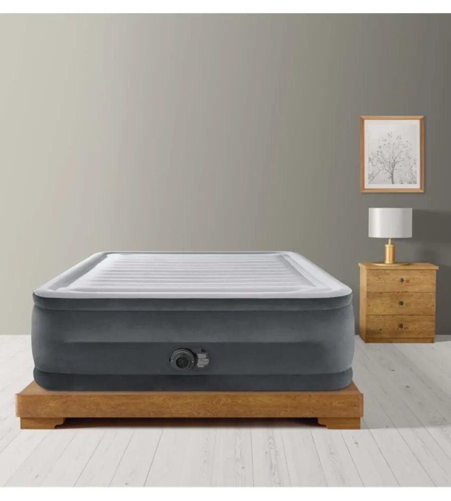 Intex Campeggio|Materasso matrimoniale autogonfiante "airbed dura-beam comfort-plush high-rise" colore grigio chiaro e pompa integrata, 152x203x56 cm - cod. 64418nd