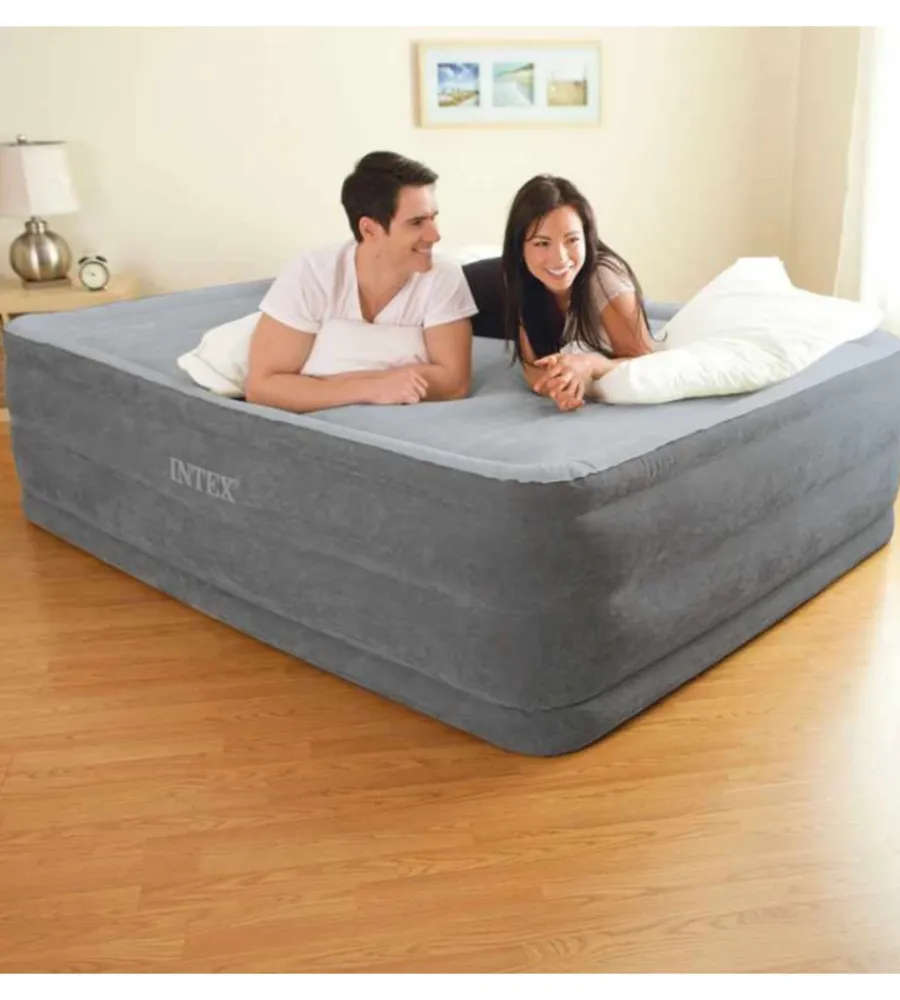 Intex Campeggio|Materasso matrimoniale autogonfiante "airbed dura-beam comfort-plush high-rise" colore grigio chiaro e pompa integrata, 152x203x56 cm - cod. 64418nd