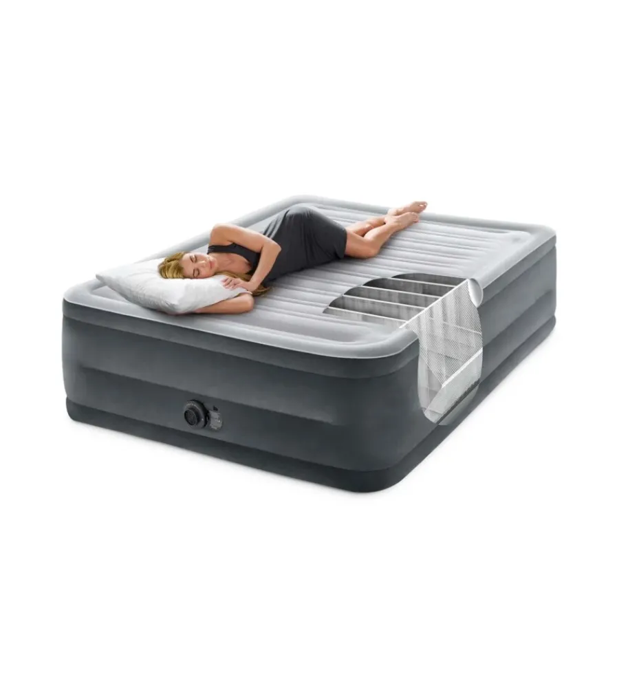 Intex Campeggio|Materasso matrimoniale autogonfiante "airbed dura-beam comfort-plush high-rise" colore grigio chiaro e pompa integrata, 152x203x56 cm - cod. 64418nd