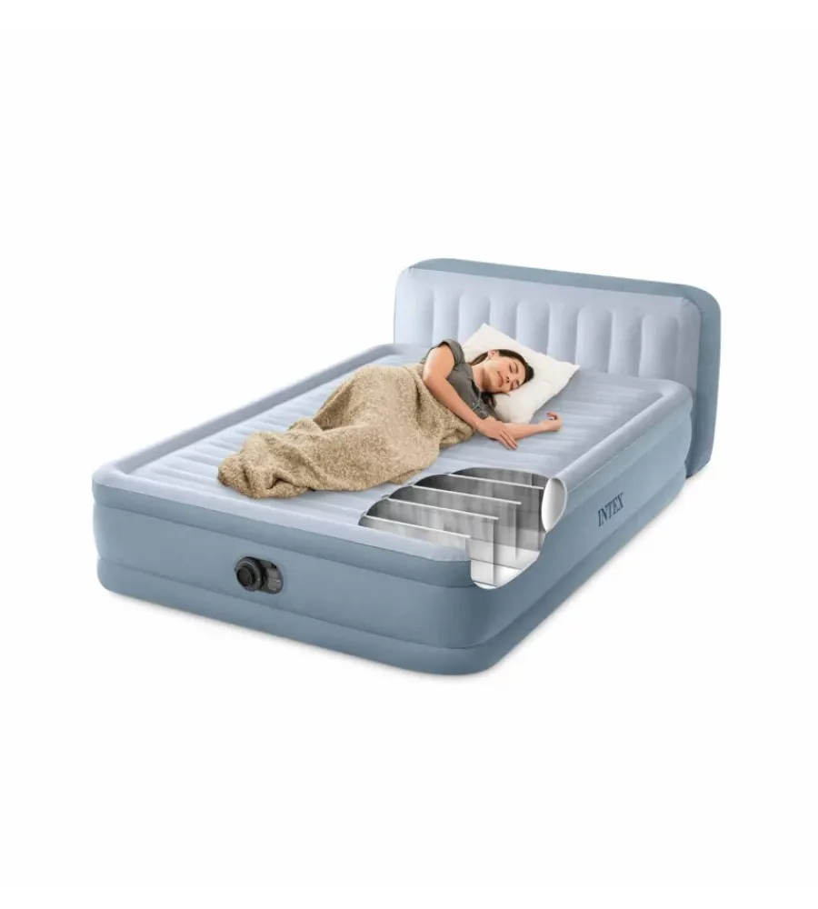 Campeggio-Intex Materasso matrimoniale gonfiabile "plush headboard" azzurro con poggiatesta 152x203x86 cm - cod. 64450nd