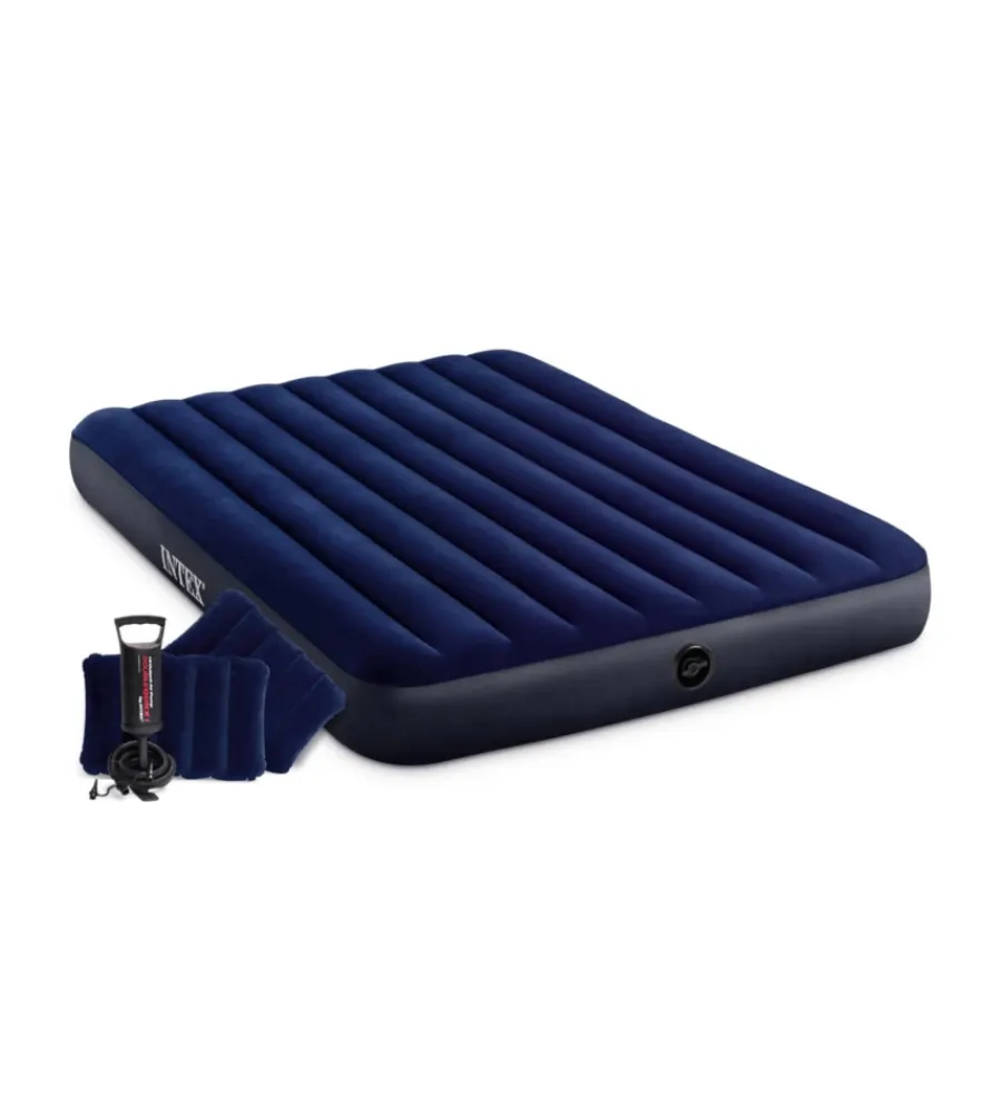 Intex Campeggio|Materasso matrimoniale gonfiabile "airbed dura-beam standard classic downy" colore blu con pompa manuale e due cuscini, 152x203x25 cm - cod. 64765