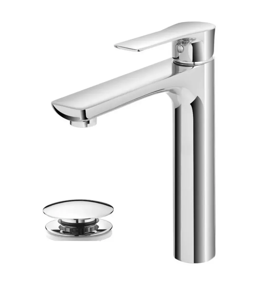 Rubinetti Bagno- Miscelatore monocomando lavabo alto serie flat con scarico clic clac.
