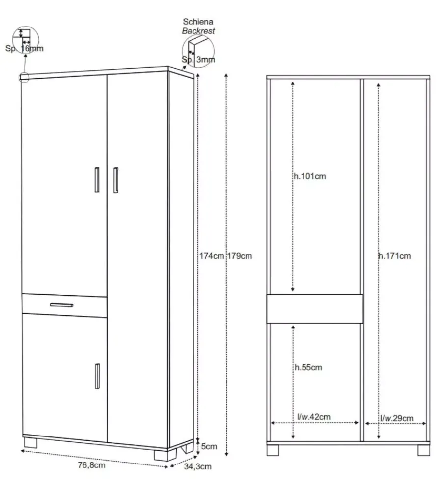 Mobili Multiuso-Sarmog Mobile 3 ante e 1 cassetto bianco fiammato, 76,8x34,3x179 cm