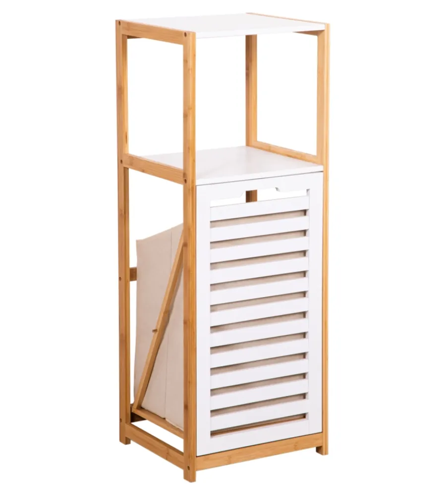 Mobiletti Multiuso- Mobile bagno con cesto porta biancheria bianco e legno, 36x33x98 cm