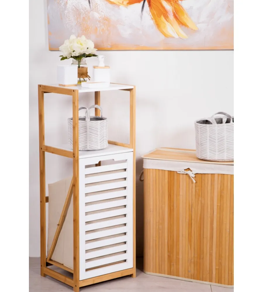 Mobiletti Multiuso- Mobile bagno con cesto porta biancheria bianco e legno, 36x33x98 cm