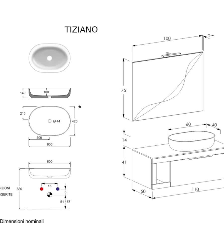New Mobile bagno "tiziano" colore grigio cielo, 110 cm Mobili Bagno
