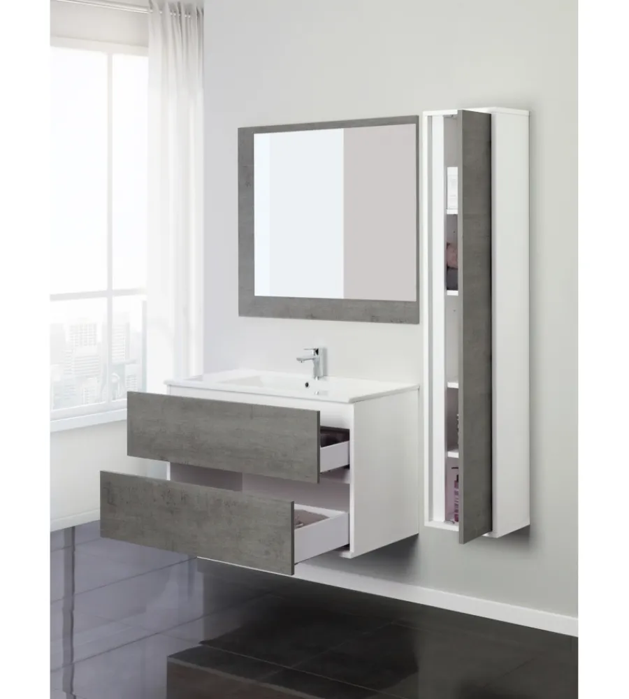 Mobili Bagno- Mobile bagno sospeso "fabula" 2 cassetti bianco e cemento, 90x47x57 cm
