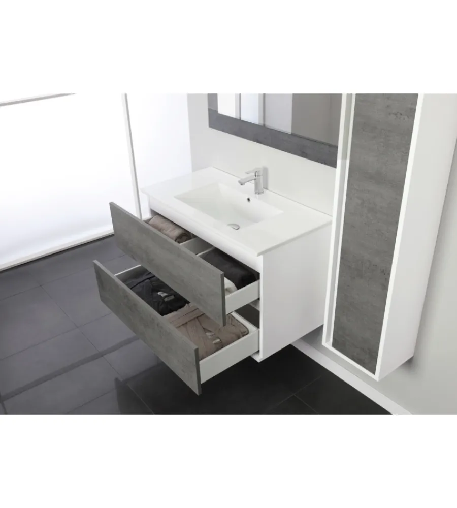 Mobili Bagno- Mobile bagno sospeso "fabula" 2 cassetti bianco e cemento, 90x47x57 cm