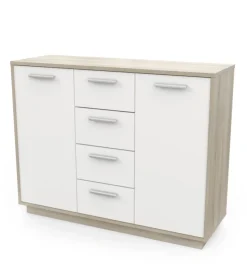 Credenze E Buffet- Mobile bianco e quercia con 2 ante e 4 cassetti, 113x84x36 cm